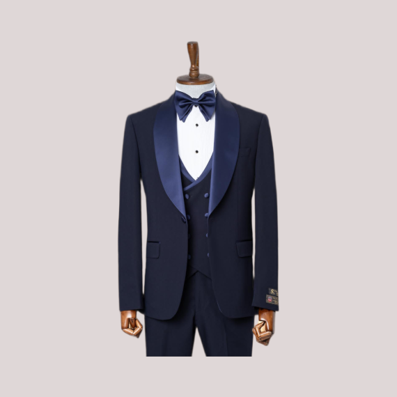 Costume trois pièces bleu nuit pour homme, avec veste à larges revers crantés, gilet et pantalon assortis, coupe ajustée