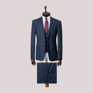 Costume 3 pièces bleu marine à carreaux discrets – Élégance Parisienne