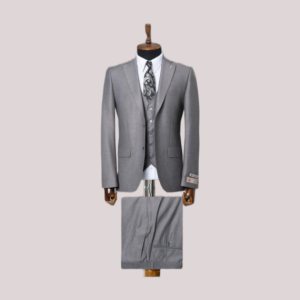 Costume trois pièces gris foncé pour homme, comprenant veste, gilet et pantalon assortis, coupe ajustée