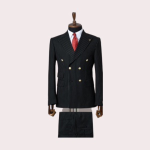 Costume Croisé Noir à Rayures – Élégance Signature
