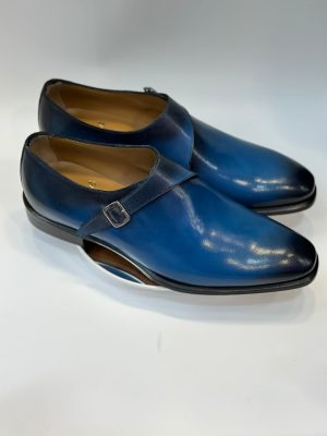 Monk strap simple boucle en cuir bleu patiné – Jespomi Paris