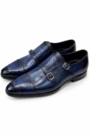 Chaussure double boucle homme cuir bleu patiné effet croco élégance moderne