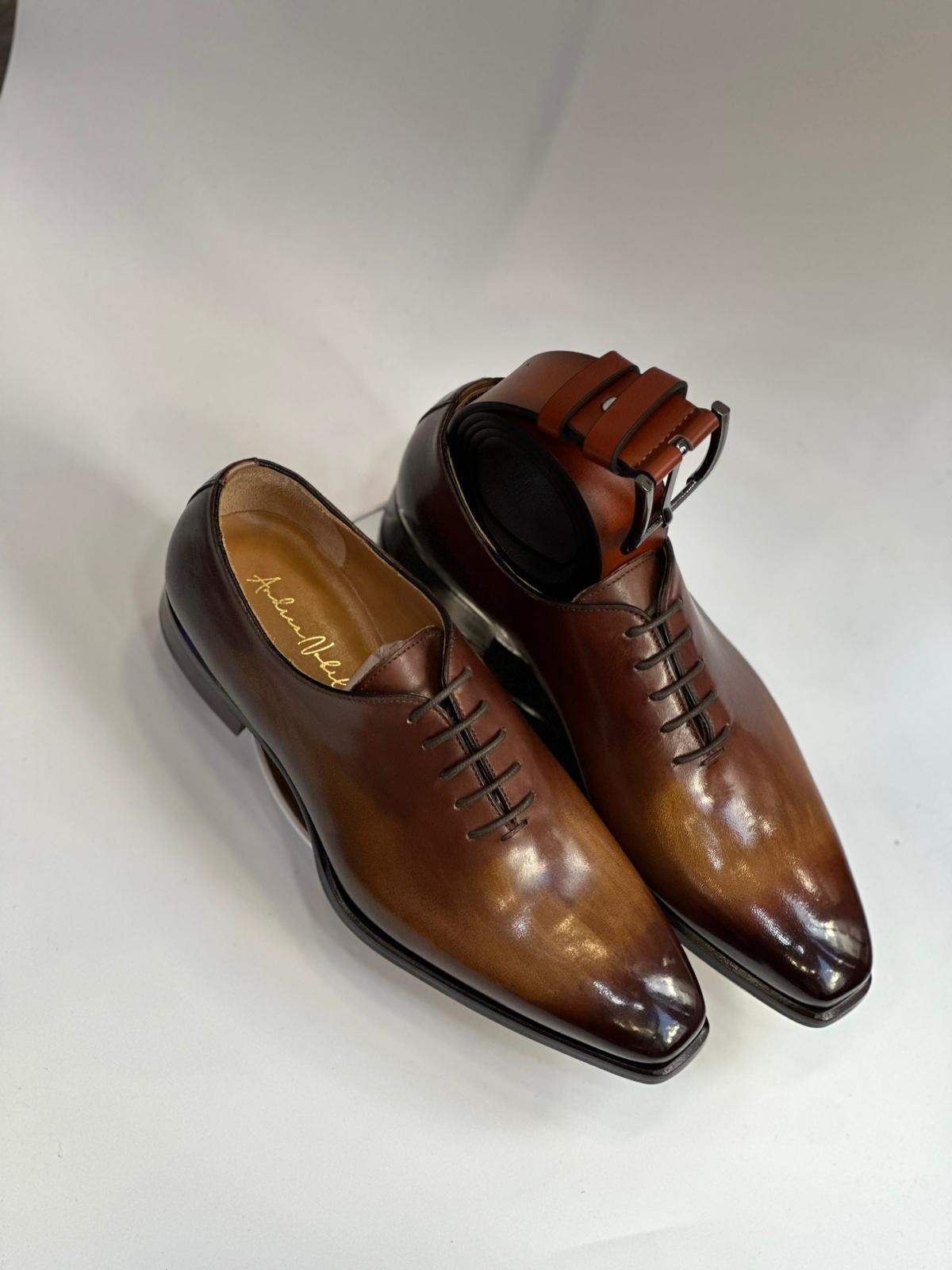Souliers Richelieu One-Cut en Cuir Patiné Marron – Jespomi – Image 5