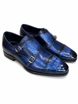 Double Monk Strap Bleu Croco en Cuir Premium – Luxe & Élégance | Jespomi