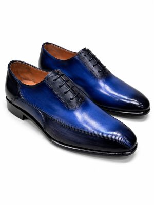 Richelieu homme bleu patiné en cuir brillant Jespomi avec laçage fermé et finition élégante.