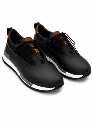 Sneakers bimatière en cuir mat et suède noir avec accents marron cognac Jespomi