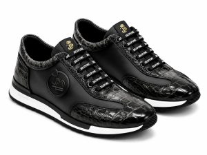 Sneakers pour homme Jespomi en cuir lisse et effet crocodile noir avec détails dorés
