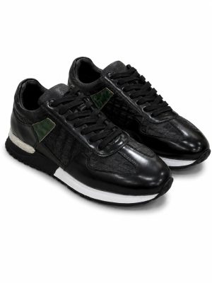 Sneakers haut de gamme Jespomi en cuir noir et finitions effet crocodile pour homme.