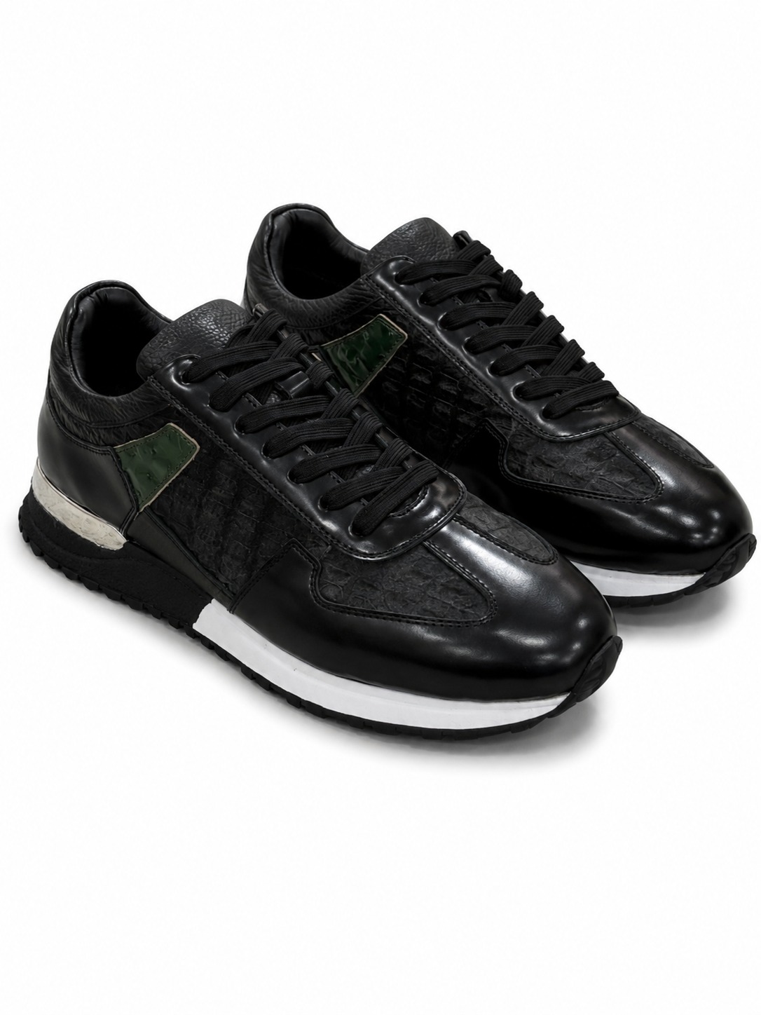 Sneakers haut de gamme Jespomi en cuir noir et finitions effet crocodile pour homme.