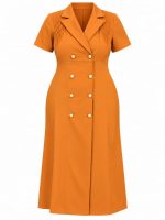Robe blazer orange camel pour femme avec boutons dorés et manches courtes plissées