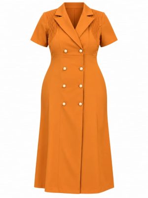Robe blazer orange camel pour femme avec boutons dorés et manches courtes plissées