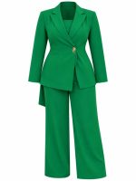 Ensemble tailleur pantalon vert émeraude pour femme avec blazer cintré et pantalon large