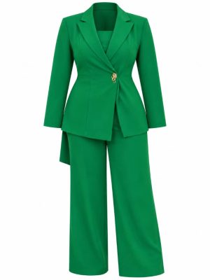 Ensemble tailleur pantalon vert émeraude pour femme avec blazer cintré et pantalon large