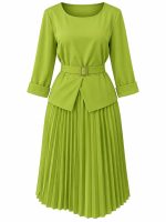 Robe plissée vert citron pour femme avec ceinture et manches longues