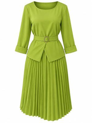 Robe plissée vert citron pour femme avec ceinture et manches longues