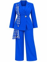 Ensemble tailleur pantalon bleu roi pour femme avec blazer cintré et détail imprimé