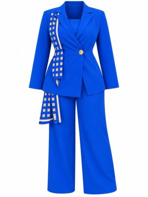 Ensemble tailleur pantalon bleu roi pour femme avec blazer cintré et détail imprimé