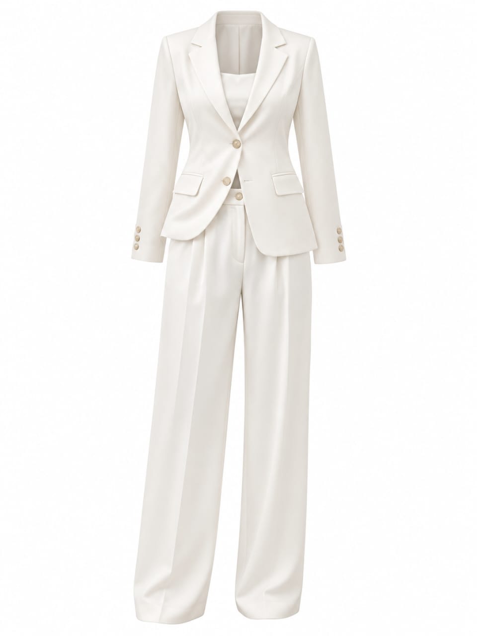 Tailleur-pantalon femme blanc cassé avec blazer ajusté et pantalon large
