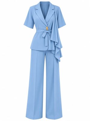 Ensemble pantalon femme bleu ciel avec blazer portefeuille et volants