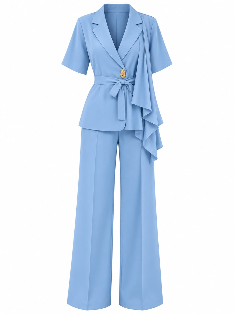Ensemble pantalon femme bleu ciel avec blazer portefeuille et volants