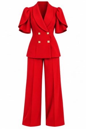 Ensemble pantalon rouge pour femme avec blazer à manches bouffantes et boutons dorés