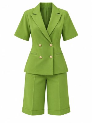 Ensemble tailleur vert femme avec blazer manches courtes et short bermuda