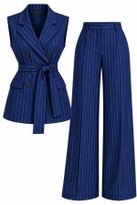 Ensemble pantalon bleu marine à fines rayures avec gilet tailleur sans manches