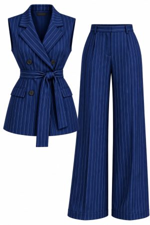 Ensemble pantalon bleu marine à fines rayures avec gilet tailleur sans manches