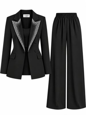 Ensemble tailleur femme noir avec veste à revers ornés et pantalon large