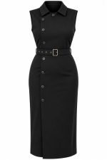 Robe chemise noire sans manches avec ceinture dorée