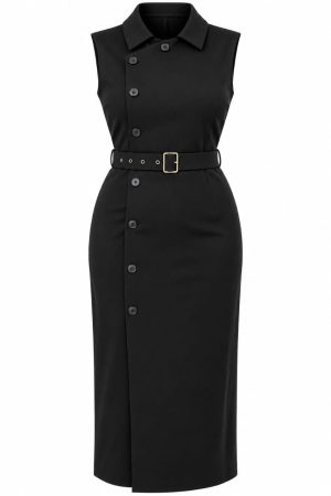 Robe chemise noire sans manches avec ceinture dorée