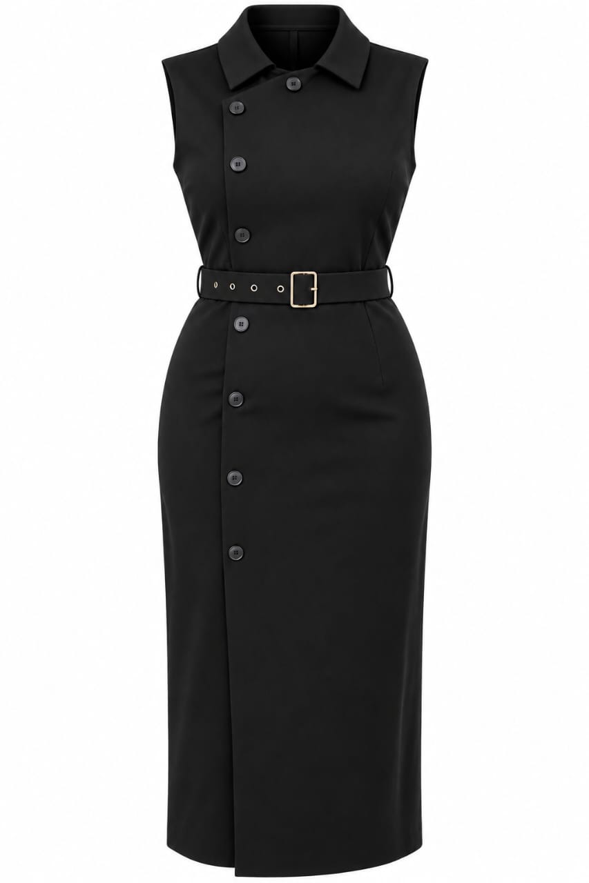 Robe chemise noire sans manches avec ceinture dorée