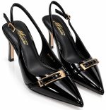 Escarpins slingback noirs brillants à bout pointu et boucle dorée