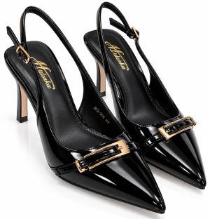 Escarpins slingback noirs brillants à bout pointu et boucle dorée