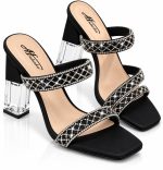 Mules noires à talon haut transparent et brides ornées de strass