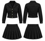 Ensemble femme noir en denim composé d’une veste courte et d’une jupe plissée