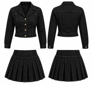 Ensemble femme noir en denim composé d’une veste courte et d’une jupe plissée