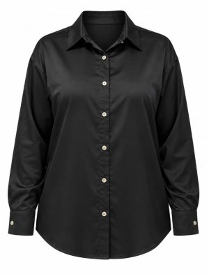 Chemise noire femme à manches longues avec col classique et finition satinée