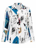 Chemise blanche femme à manches longues avec imprimé artistique bleu, rouge, noir et doré