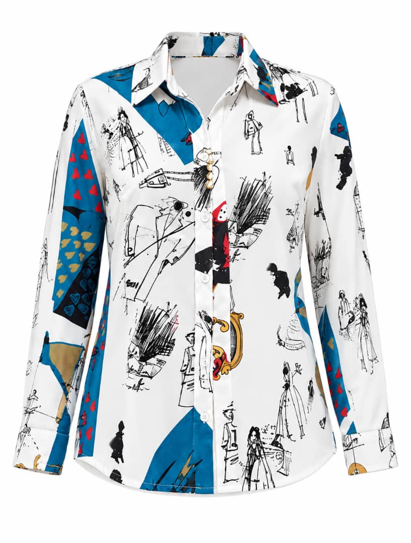 Chemise blanche femme à manches longues avec imprimé artistique bleu, rouge, noir et doré