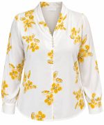 Chemisier blanc floral jaune à manches longues et boutons nacrés
