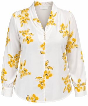Chemisier blanc floral jaune à manches longues et boutons nacrés