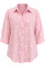 Chemise femme rose à imprimé blanc et manches 3/4