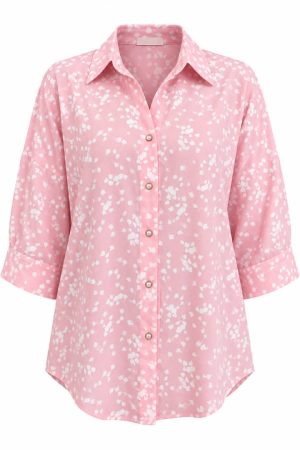 Chemise femme rose à imprimé blanc et manches 3/4