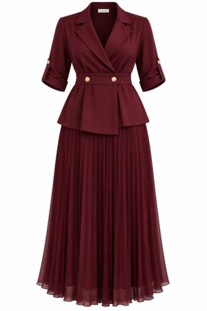 Ensemble femme bordeaux avec veste blazer cintrée et jupe longue plissée