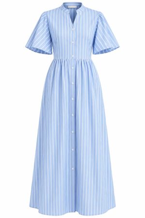 Robe chemise longue bleu ciel à rayures blanches et manches courtes