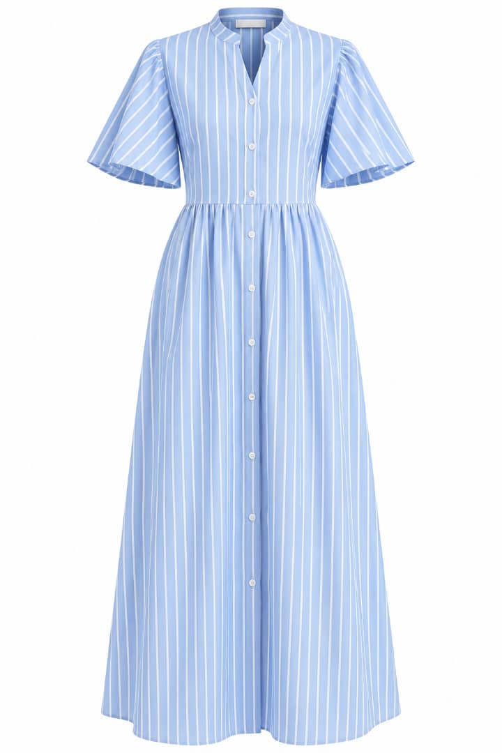 Robe chemise longue bleu ciel à rayures blanches et manches courtes
