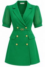 Robe blazer verte pour femme à manches plissées et boutons dorés