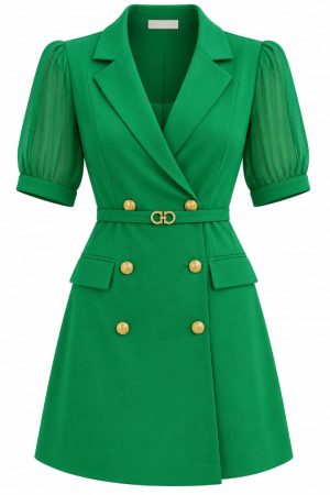 Robe blazer verte pour femme à manches plissées et boutons dorés