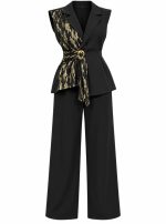 Ensemble pantalon noir et veste blazer sans manches avec détail doré
